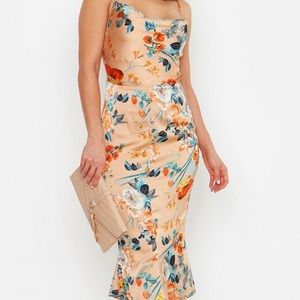 Boohoo Satin Floral Cowl Flute Hem Slip Dress sz 4